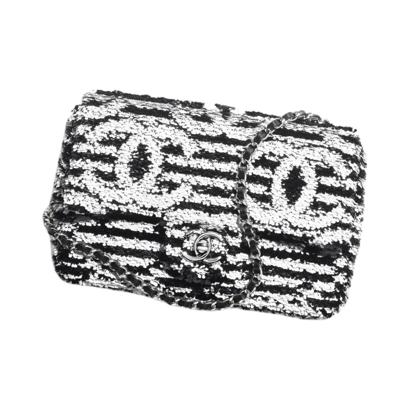 CHANEL Sequins Flap Bag, Crossbody Bag, Shoulder Bag Trumpets Women's Black & White-0