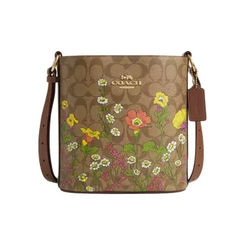 COACH Signature Canvas Bucket Bags Crossbody Bag Shoulder Bag Small Size Women's Gold & Khaki Multicolor