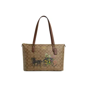 COACH Gallery Coated Canvas With Recycled Leather Handbag Large Size Women's Gold & Khaki Multicolor