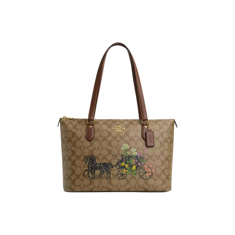 COACH Gallery Coated Canvas With Recycled Leather Handbag Large Size Women's Gold & Khaki Multicolor-0