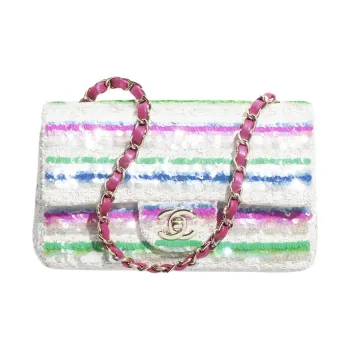 CHANEL Embroidered Twill Soft Woolen Sequins Shoulder Bag, Crossbody Bag, Handbag Mini Women's White & Pink & Blue