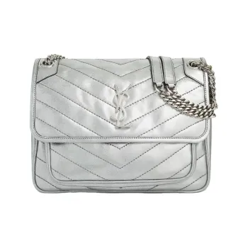 SAINT LAURENT Niki Leather Hobo Bag Shoulder Bag Women's Silver