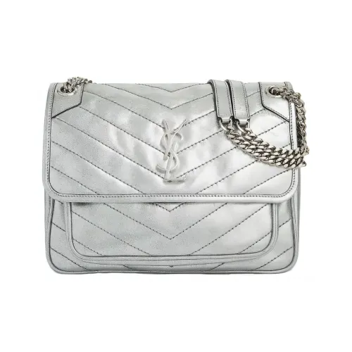 SAINT LAURENT Niki Leather Hobo Bag Shoulder Bag Women's Silver