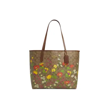 COACH City Canvas Tote Bag Shopping Bag Shoulder Bag Handbag Large Size Women's Gold & Khaki Multicolor