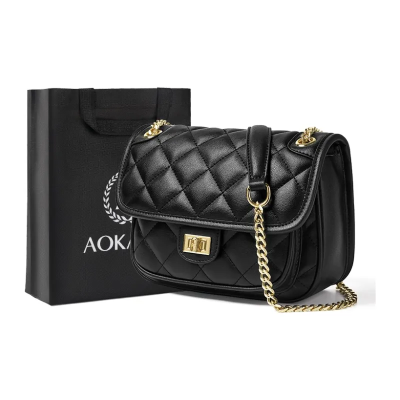 AOKANG Cow Leather Shoulder Bag With Diamond Pattern Chain, Crossbody Bag Regular Women's Classic Black/Milkshake White-11