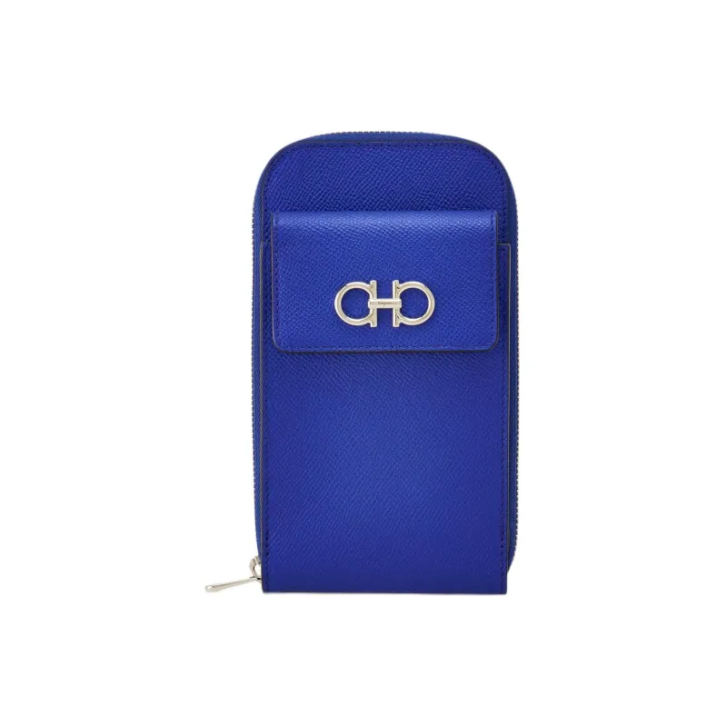 FERRAGAMO GANCINI Stamped Calfskin One Shoulder Crossbody Cell Phone Pouch Women's Blue-0
