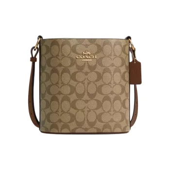 COACH Canvas With Leather Bucket Bags Crossbody Bag, Shoulder Bag Small Size Women's Gold & Khaki