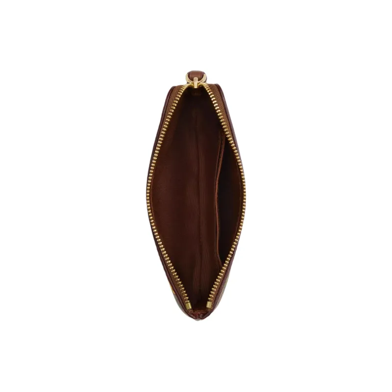 COACH Corner Zip Signature Canvas Clutch Small Size Women's Gold & Khaki Multicolor-1