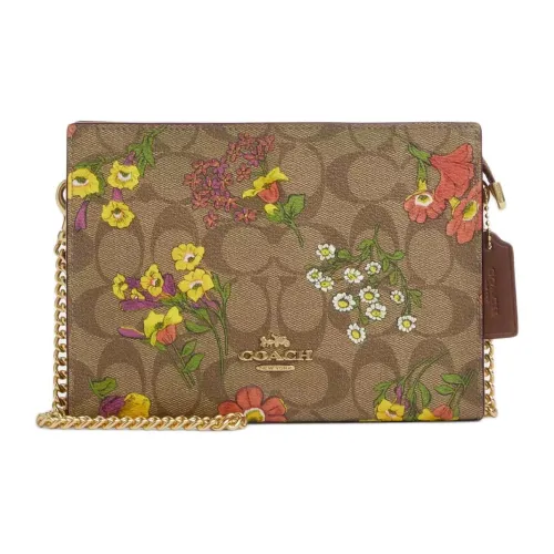 COACH Iconic Canvas Shoulder Bag, Crossbody Bag Small Size Women's Gold & Khaki Multicolor