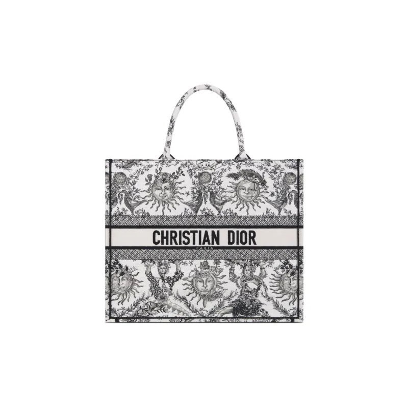 DIOR BookTote Soleil Jouy Print Embroidery Tote Bag, Shopping Bag, Shoulder Bag, Handbag Tubas Women's White & Black-0
