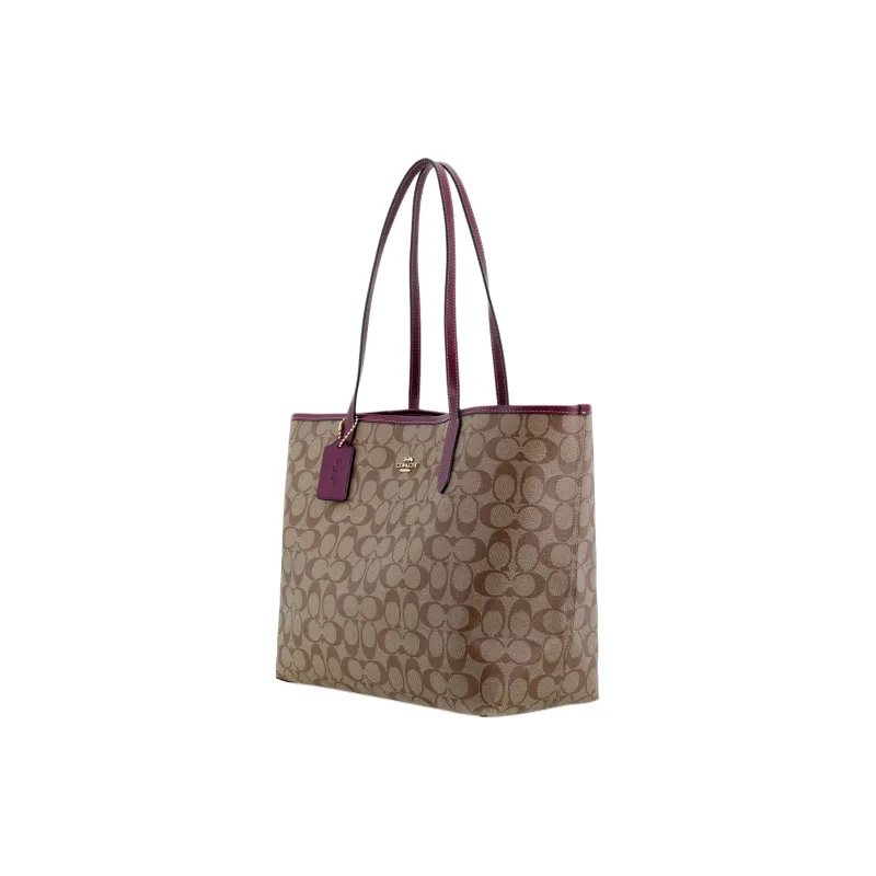 COACH City Artificial Leather Tote Bag Portable Crossbody Bag Shoulder Bag Large Size Women's Khaki Deep Berry Red-1