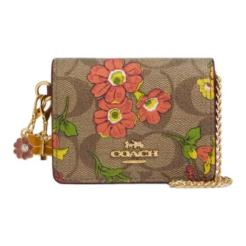 COACH Boxed Signature Canvas Shoulder Bag Crossbody Bag Wallet Mini Women's Gold & Khaki Multicolor