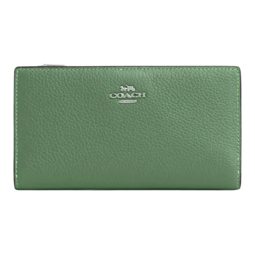 COACH Slim Wallet Delicate Pebbled Leather Wallet Small Size Women's Silver & Light Green