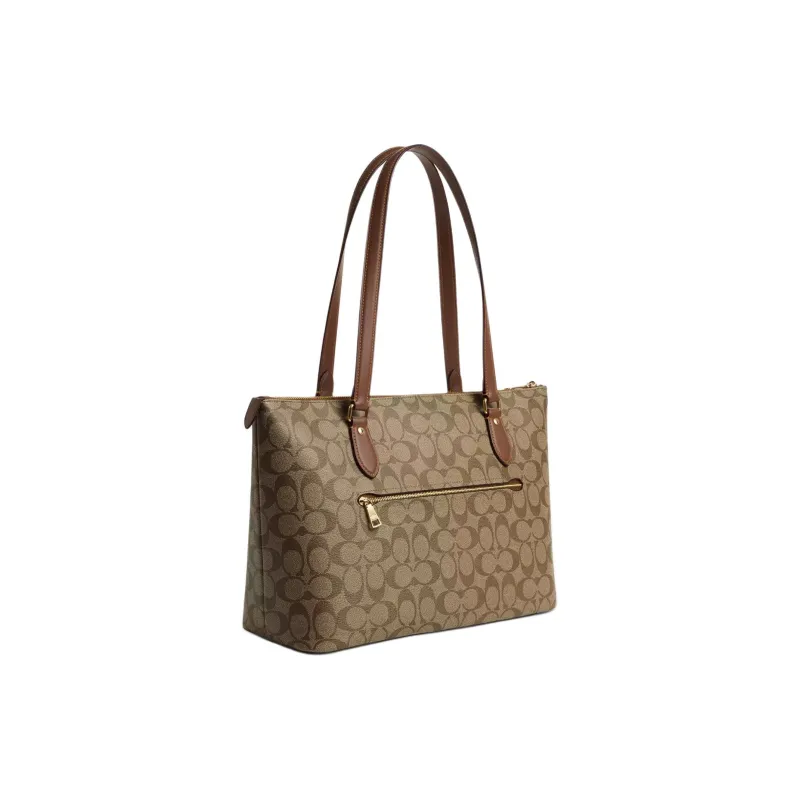 COACH Gallery Coated Canvas With Recycled Leather Handbag Large Size Women's Gold & Khaki Multicolor-1