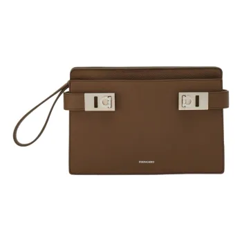 FERRAGAMO GANCINI Grained Calfskin Clutch Men's Clay Brown
