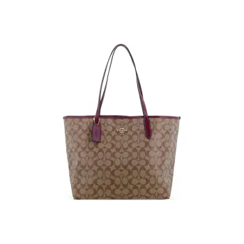 COACH City Artificial Leather Tote Bag Portable Crossbody Bag Shoulder Bag Large Size Women's Khaki Deep Berry Red