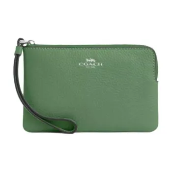 COACH Corner Zip Refined Pebbled Leather Wrist Bag Small Size Women's Silver & Light Green