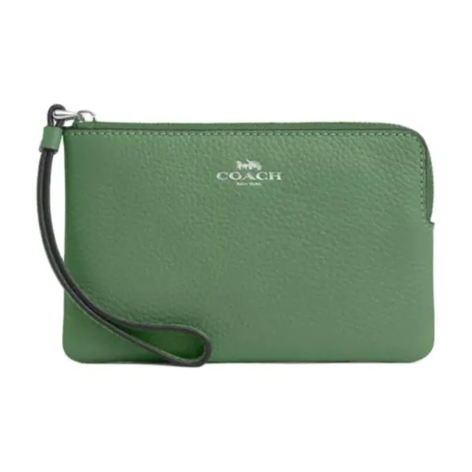 COACH Corner Zip Refined Pebbled Leather Wrist Bag Small Size Women's Silver & Light Green-0