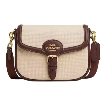 COACH Amelia Canvas Saddle Bag Shoulder Bag Crossbody Bag Medium Size Women's Gold & Natural Multicolor