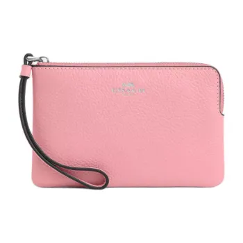 COACH Corner Zip Leather Wrist Bag Clutch Small Size Women's Silver & Floral Pink
