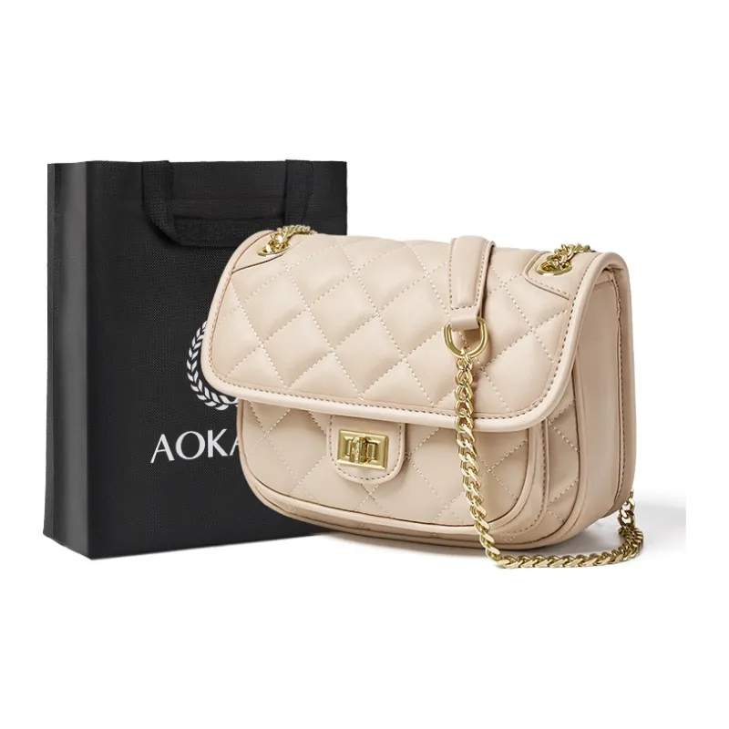 AOKANG Cow Leather Shoulder Bag With Diamond Pattern Chain, Crossbody Bag Regular Women's Classic Black/Milkshake White-15