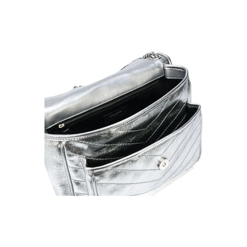 SAINT LAURENT Niki Leather Hobo Bag Shoulder Bag Women's Silver-2