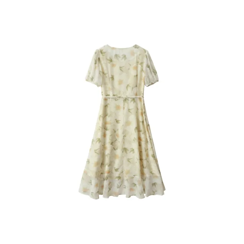Huagaa Short Sleeved Dress Women's Yellow Floral-1