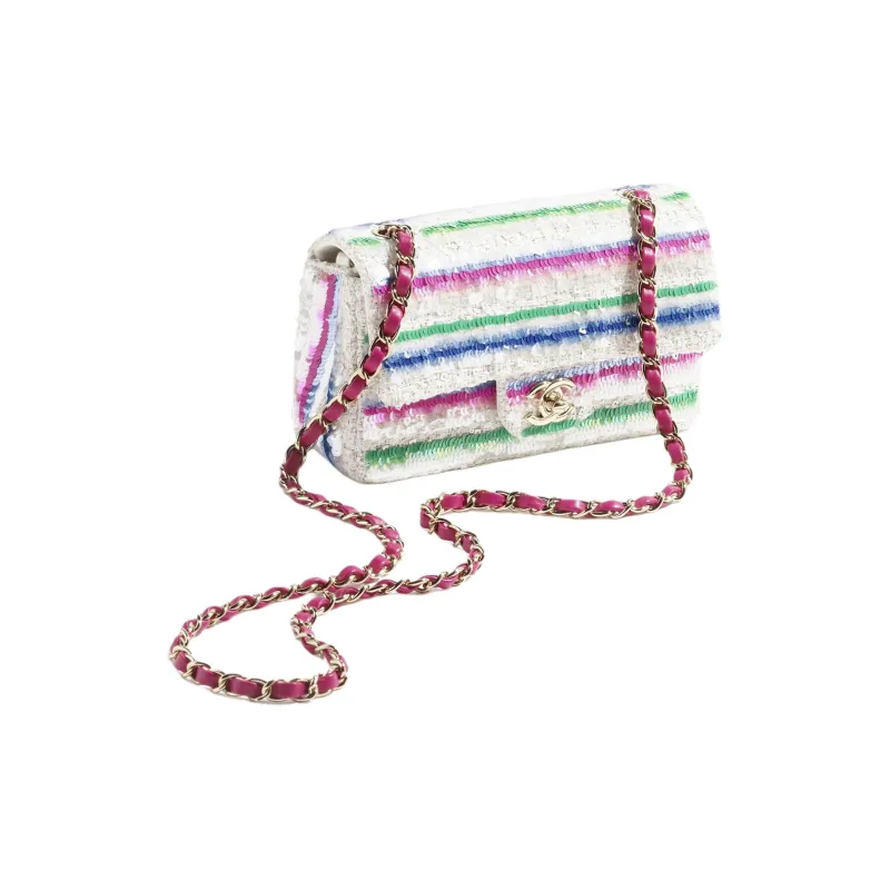 CHANEL Embroidered Twill Soft Woolen Sequins Shoulder Bag, Crossbody Bag, Handbag Mini Women's White & Pink & Blue-1