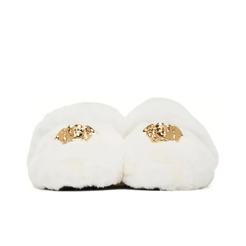 VERSACE Women's Faux Fur Palazzo Slippers 'White'-3
