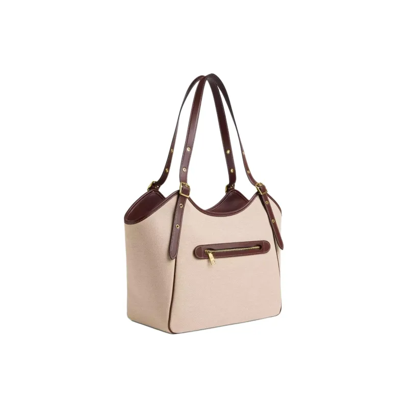 COACH Canvas With Smooth Leather Handbag Shoulder Bag Large Size Women's Gold & Natural Multicolor-1