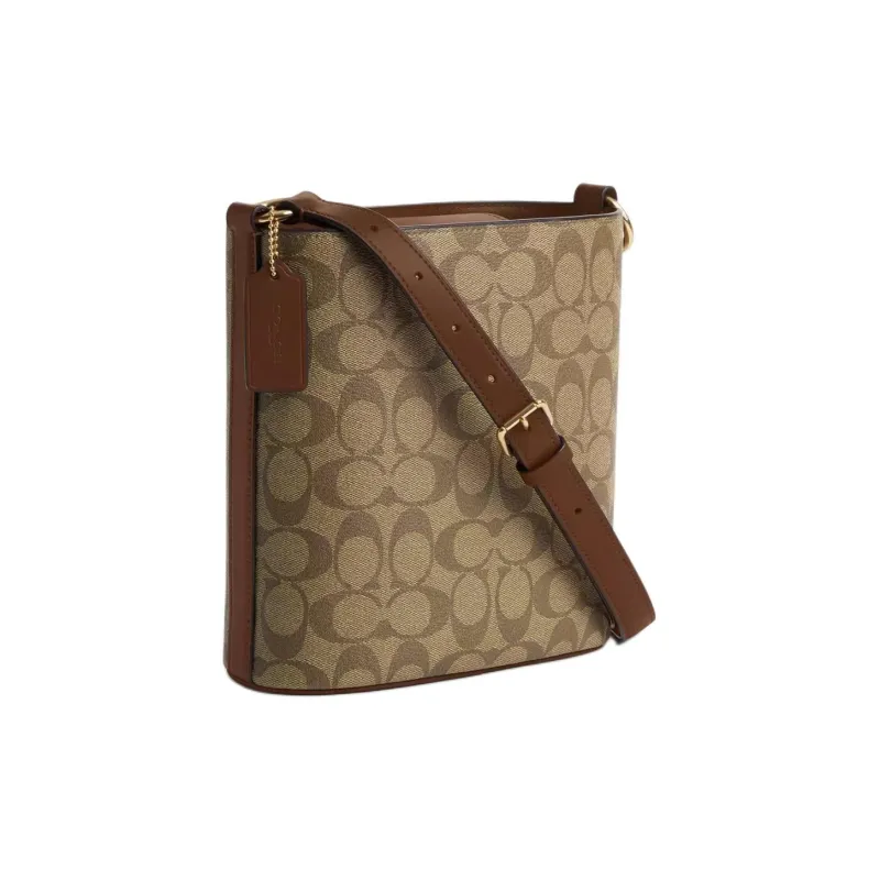 COACH Canvas With Leather Bucket Bags Crossbody Bag, Shoulder Bag Small Size Women's Gold & Khaki-1