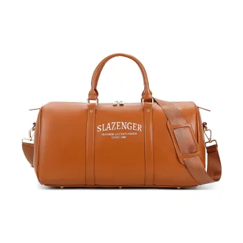 Slazenger Shiny Soft Leather Travel Gym Bag Shoulder Bag Crossbody Bag Handbag Regular Unisex Red Brown