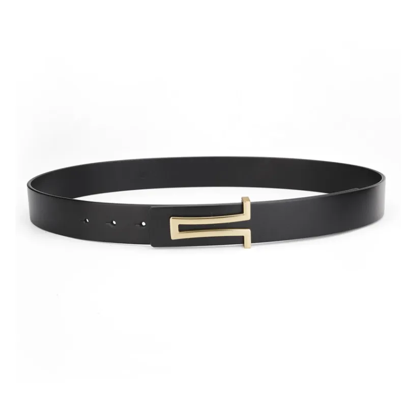 Cows Reign Gold Smooth Buckle Plate Buckle Fashion Business Cow Leather Leather Belts Men's Width 3.4cm-3