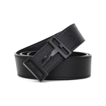 ELLE HOMME Fashion Alloy Plate Buckle Top Grain Cow Leather Belts Men's Black Width 3.4cm