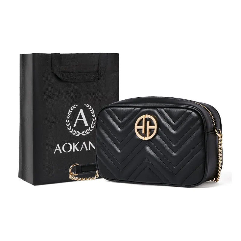 AOKANG Cow Leather Shoulder Bag With Diamond Pattern Chain, Crossbody Bag Regular Women's Classic Black/Milkshake White-28