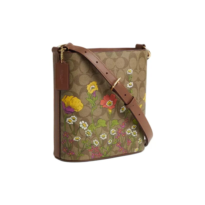 COACH Signature Canvas Bucket Bags Crossbody Bag Shoulder Bag Small Size Women's Gold & Khaki Multicolor-1