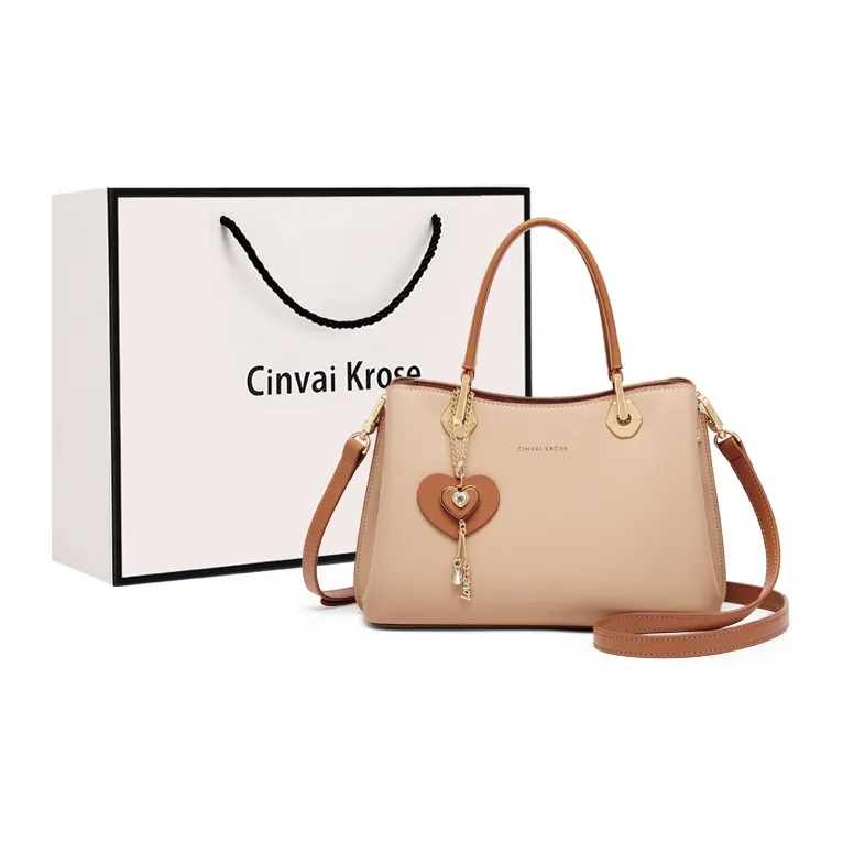 Simvay Clos Cow Leather With Synthetic Leather One Shoulder Handbags Medium Size Women's Apricot/Ecru/Black-0