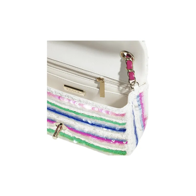 CHANEL Embroidered Twill Soft Woolen Sequins Shoulder Bag, Crossbody Bag, Handbag Mini Women's White & Pink & Blue-3