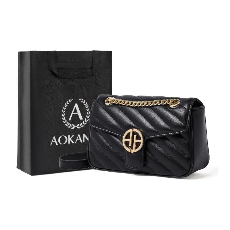 AOKANG Cow Leather Shoulder Bag With Diamond Pattern Chain, Crossbody Bag Regular Women's Classic Black/Milkshake White-24