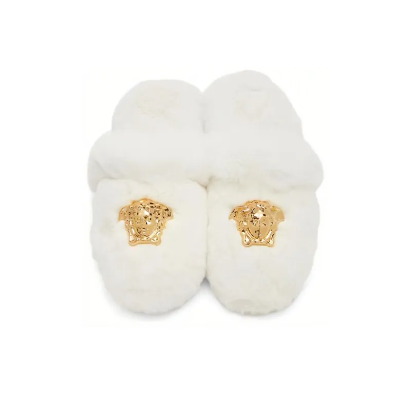 VERSACE Women's Faux Fur Palazzo Slippers 'White'-2