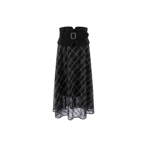 JZ. ANNAKRO Casual Long Skirts Women's Black Plaid