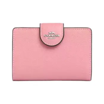 COACH Corner Zip Cross-Stitch Leather Wallet Mini Women's Silver & Blossom Pink