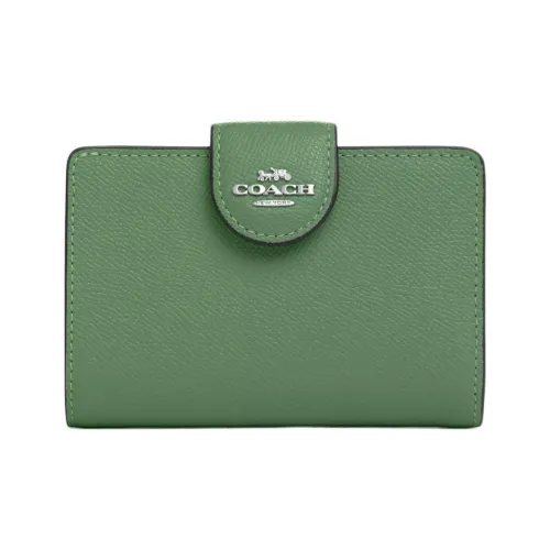 COACH Corner Zip Cross-Stitch Leather Wallet Mini Women's Silver & Light Green