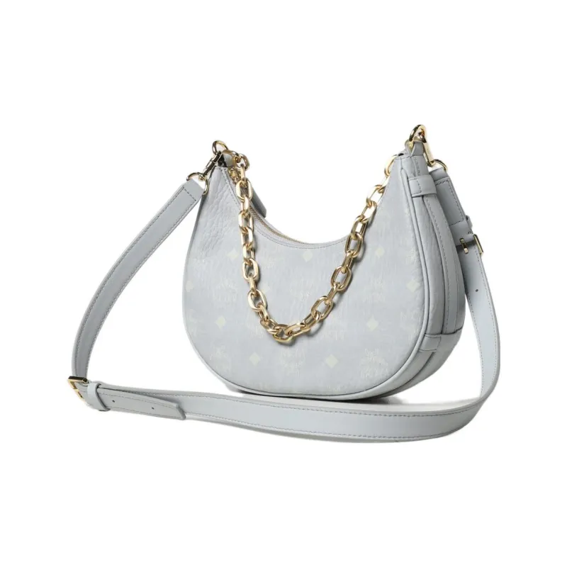 MCM Aren Visetos Nappa Leather Trim Hobo Bag, Shoulder Bag, Handbag Small Size Women's Gray-1