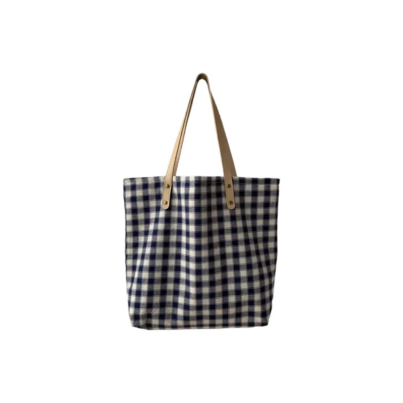 PINK·LAND Canvas Tote Bag Shopping Bag Canvas Bag Shoulder Bag Regular Women's Light Blue Plaid Bag / Navy Plaid Bag-1
