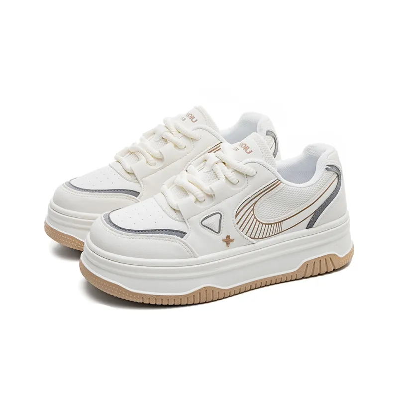 HUANQIU Non slip Lightweight Mid Top Skateboard Shoes Women's White Khaki-2