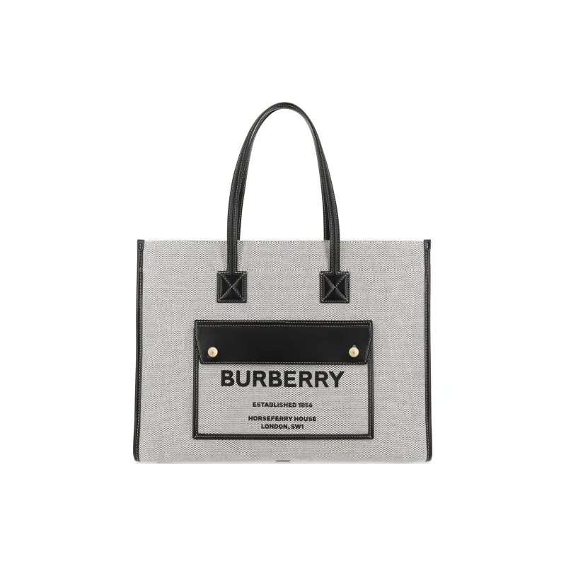 Burberry Freya Canvas With Leather Tote Bag Shopping Bag Canvas Bag One Shoulder Handbag Medium Size Women's Gray/Black-0