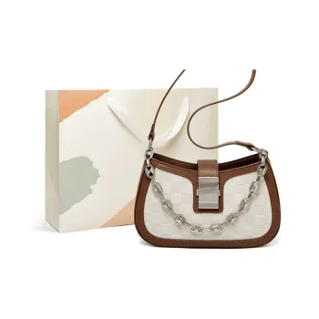 15 MINS Cow Leather Shoulder Bag Medium Size Women's White & Brown/Brown