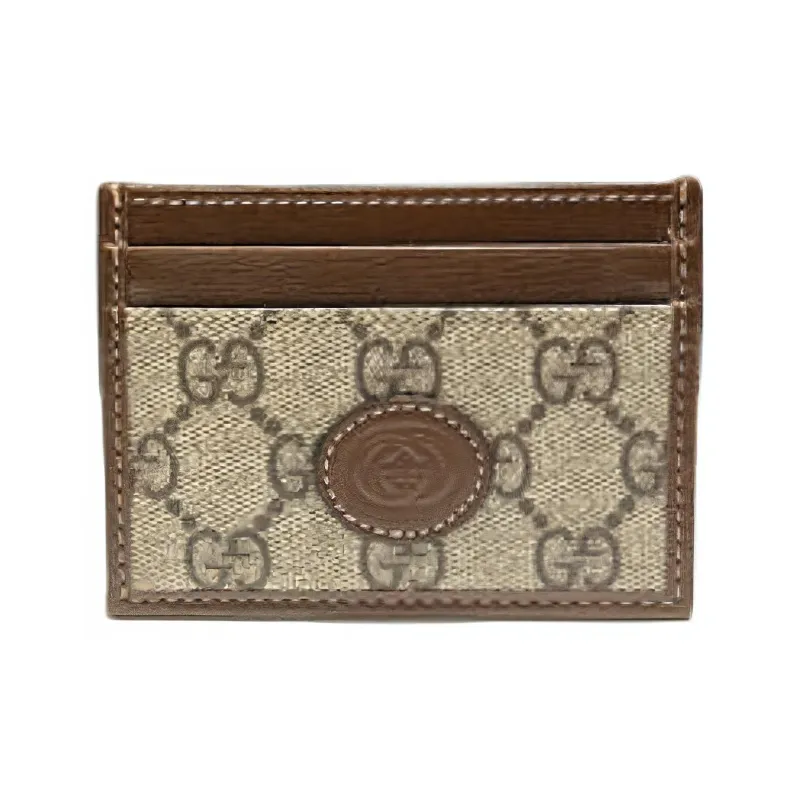 GUCCI Canvas With Leather Card Clip Card Holder Unisex Ebony & Brown-1