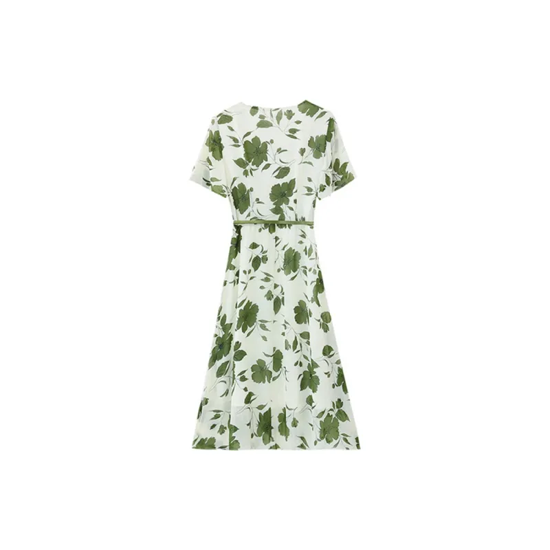 DOSOHEB Short-Sleeved Dresses Women's White Base With Green Floral Pattern-1